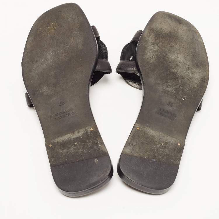 Pre Owned Hermes Black Leather Aloha Flat Slides Size 36