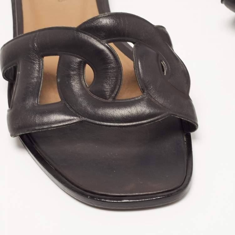 Pre Owned Hermes Black Leather Aloha Flat Slides Size 36