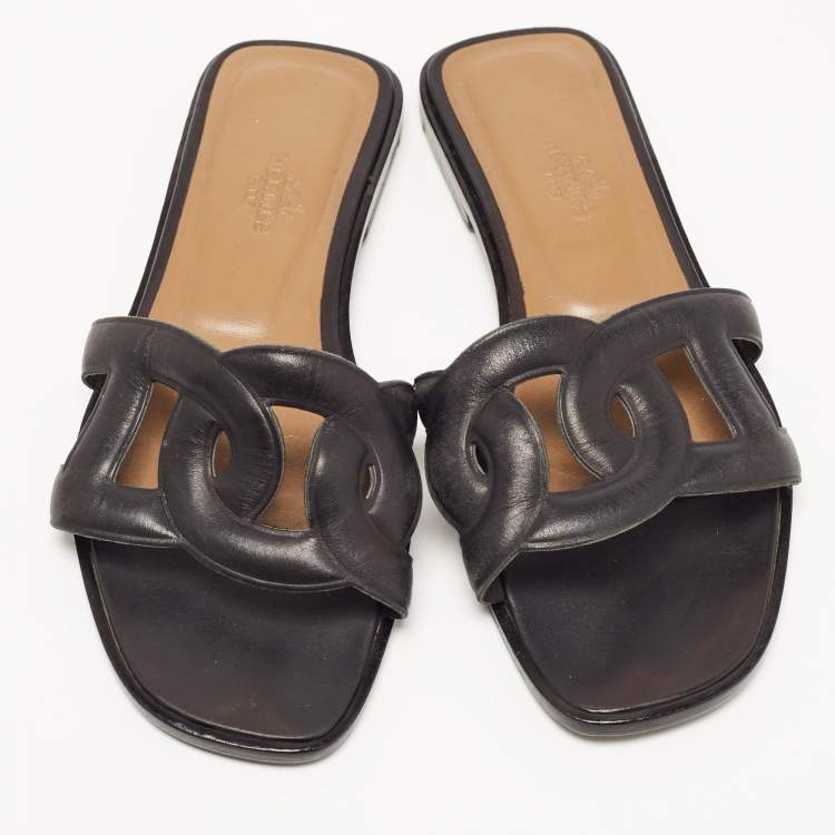 Pre Owned Hermes Black Leather Aloha Flat Slides Size 36