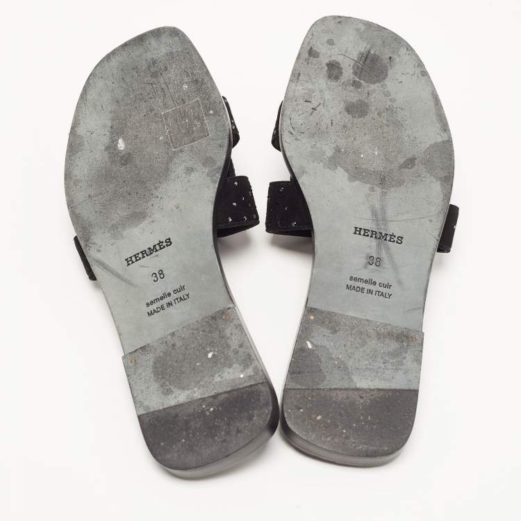 Pre Owned Hermes Black Leather and Suede Oran Crystals Slide Flats Size 38