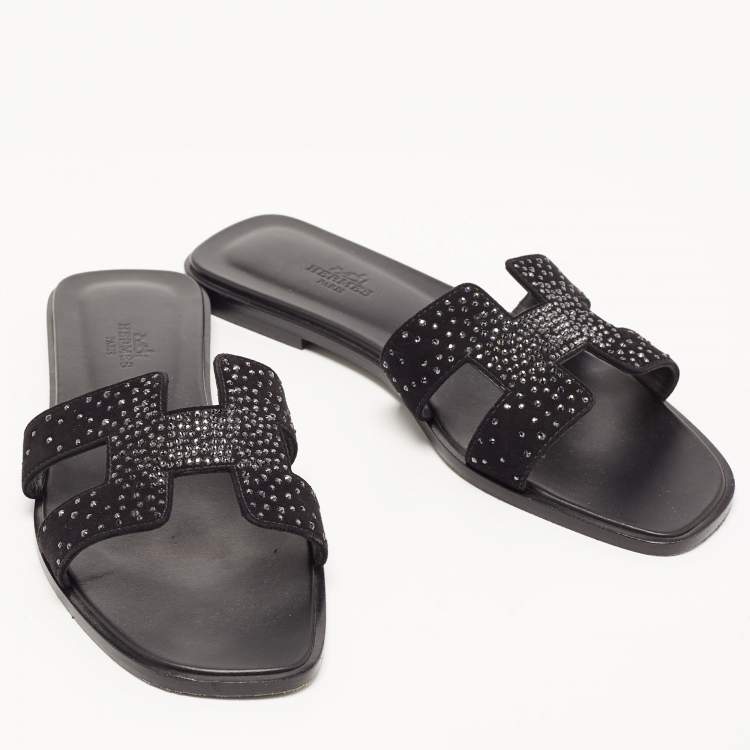Pre Owned Hermes Black Leather and Suede Oran Crystals Slide Flats Size 38