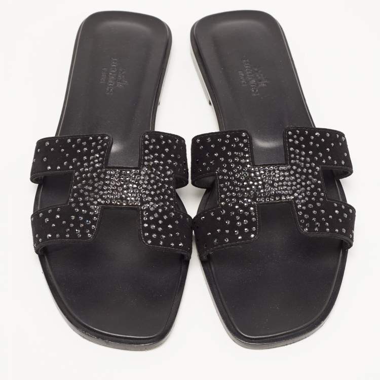Pre Owned Hermes Black Leather and Suede Oran Crystals Slide Flats Size 38