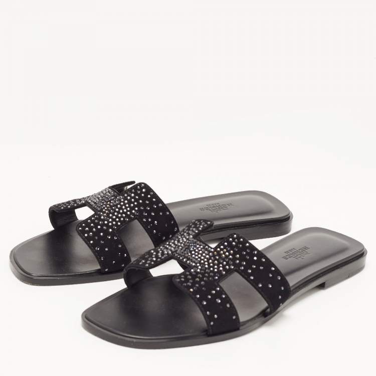 Pre Owned Hermes Black Leather and Suede Oran Crystals Slide Flats Size 38