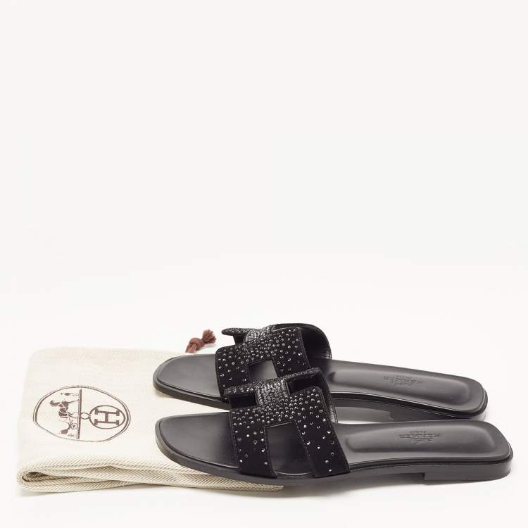 Pre Owned Hermes Black Leather and Suede Oran Crystals Slide Flats Size 38