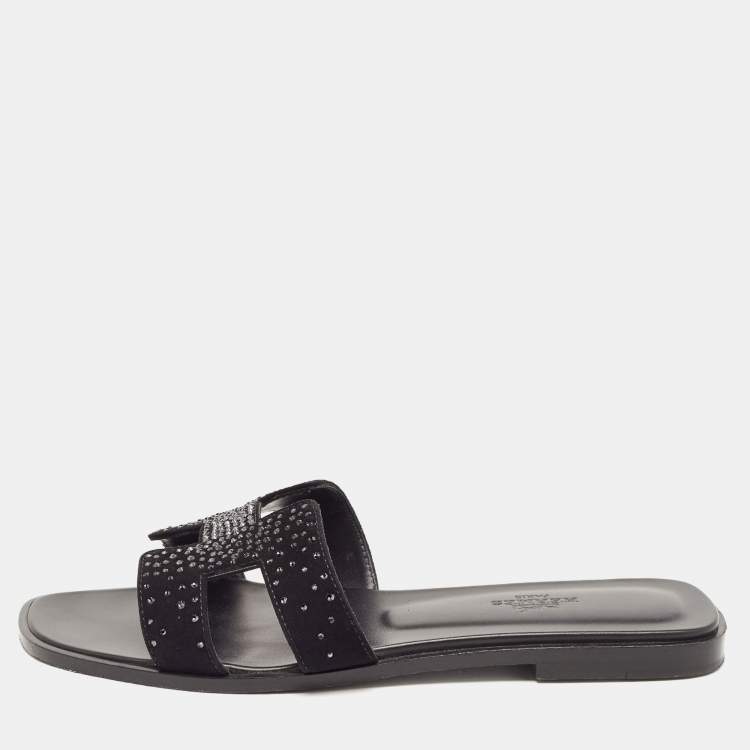 Pre Owned Hermes Black Leather and Suede Oran Crystals Slide Flats Size 38