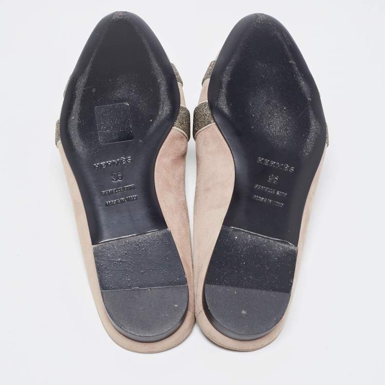 Pre Owned Hermes Beige Suede Roxane Flat Mules Size 36