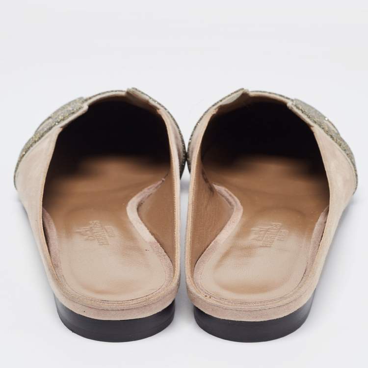 Pre Owned Hermes Beige Suede Roxane Flat Mules Size 36