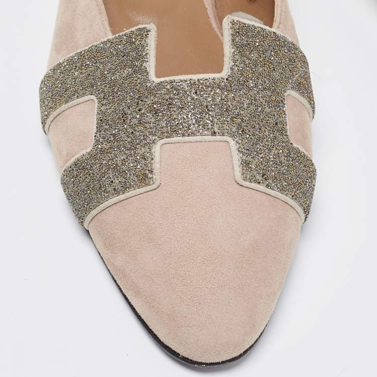 Pre Owned Hermes Beige Suede Roxane Flat Mules Size 36