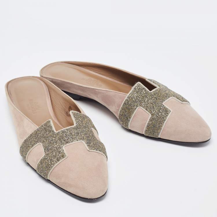 Pre Owned Hermes Beige Suede Roxane Flat Mules Size 36