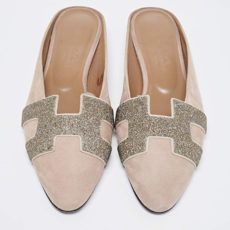 Pre Owned Hermes Beige Suede Roxane Flat Mules Size 36