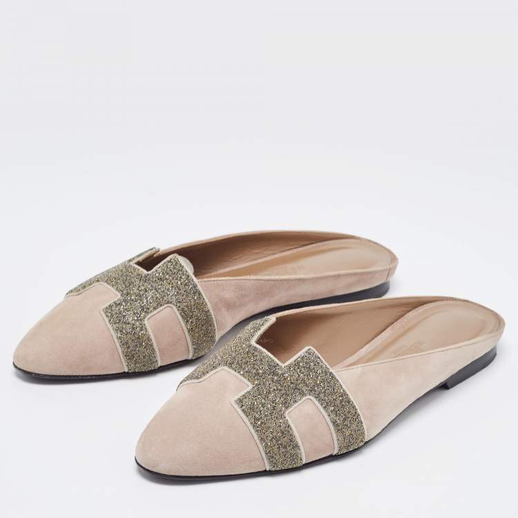 Pre Owned Hermes Beige Suede Roxane Flat Mules Size 36