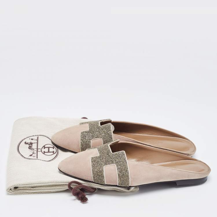 Pre Owned Hermes Beige Suede Roxane Flat Mules Size 36
