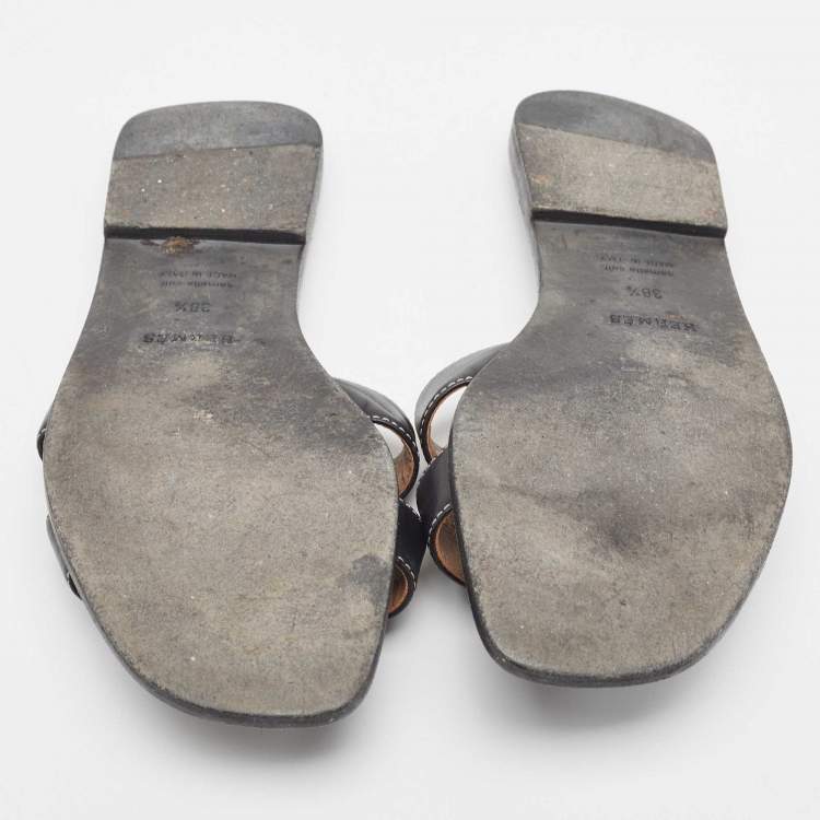 Pre Owned Hermes Black Leather Oran Flat Slides Size 38.5