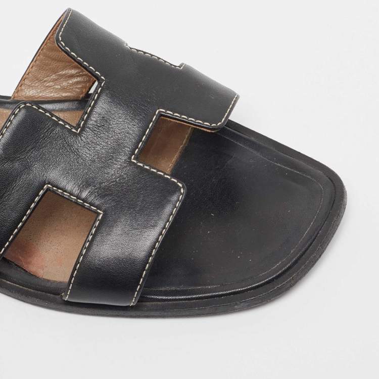 Pre Owned Hermes Black Leather Oran Flat Slides Size 38.5