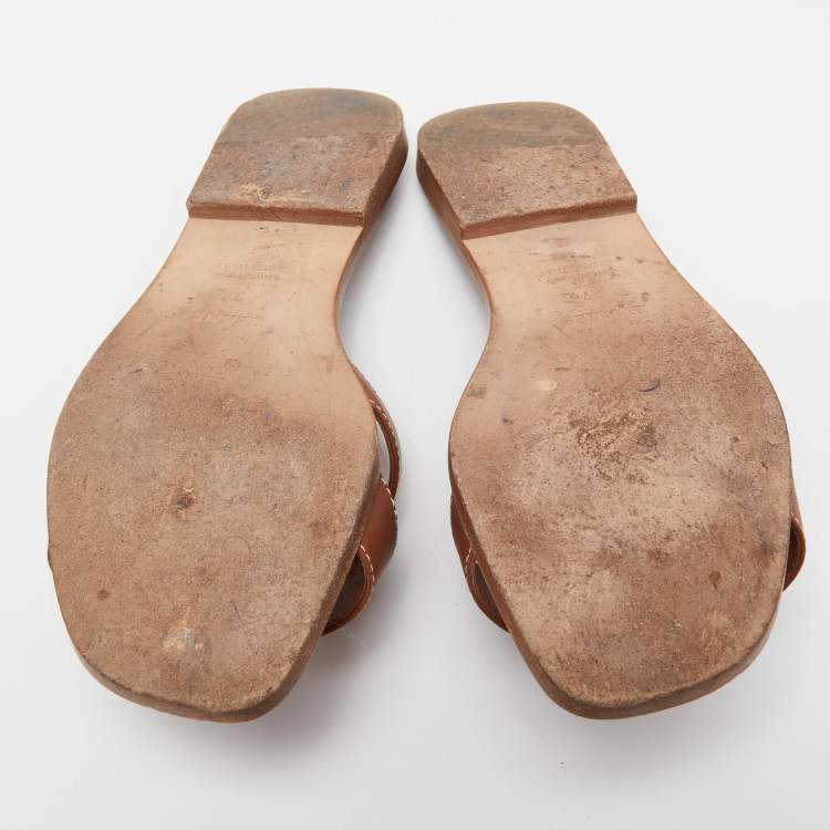 Pre Owned Hermes Brown Leather Oran Flat Slides Size 37