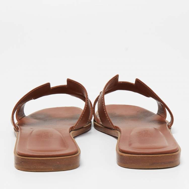 Pre Owned Hermes Brown Leather Oran Flat Slides Size 37