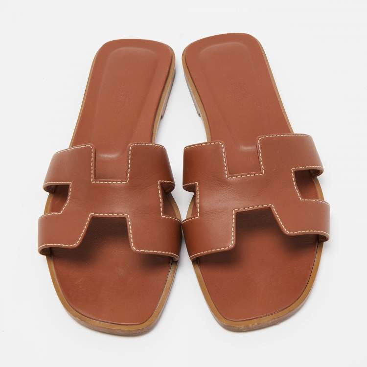 Pre Owned Hermes Brown Leather Oran Flat Slides Size 37