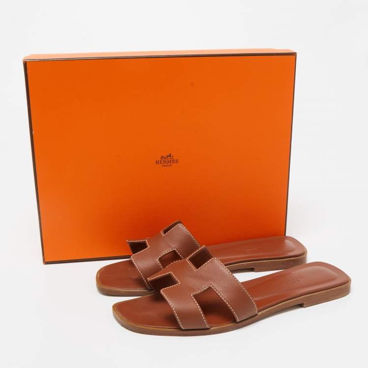 Pre Owned Hermes Brown Leather Oran Flat Slides Size 37