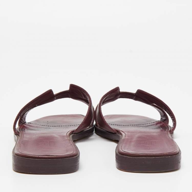 Pre Owned Hermes Burgundy Leather Oran Flat Slides Size 39