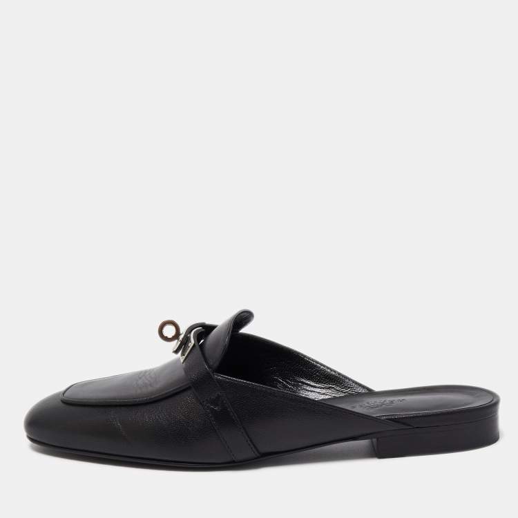 مملوكة مسبقًا Hermes Black Leather Oz Flat Mules Size 37