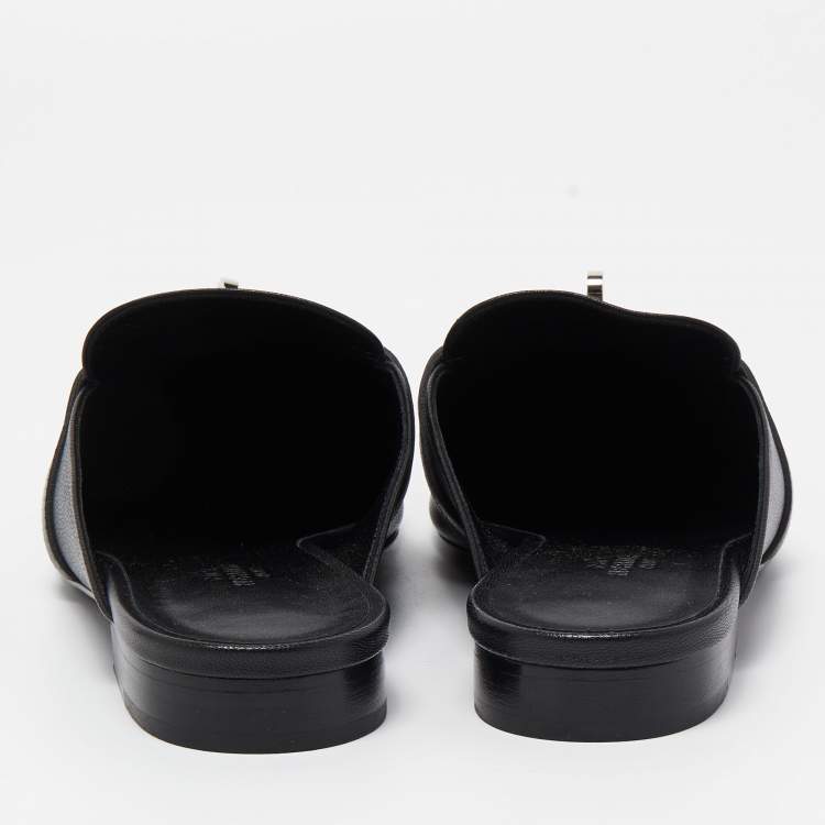 مملوكة مسبقًا Hermes Black Leather Oz Flat Mules Size 37