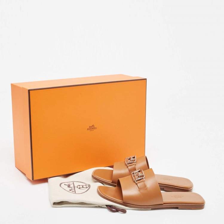 مملوكة مسبقًا Hermes Brown Leather Villa Flat Slides Size 37