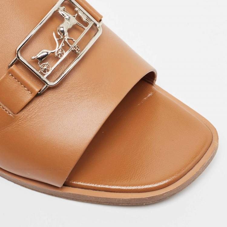 مملوكة مسبقًا Hermes Brown Leather Villa Flat Slides Size 37