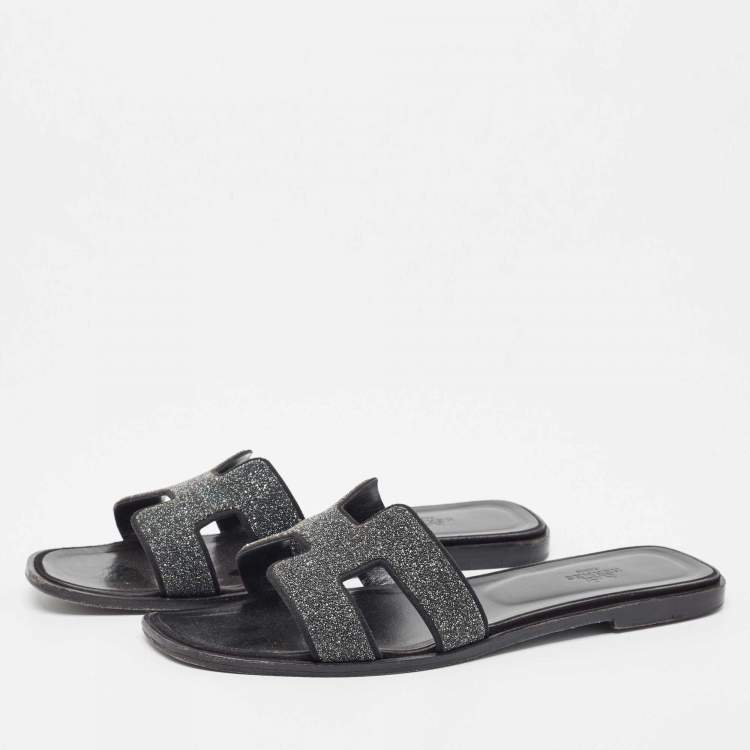 Pre Owned Hermes Grey Powder Crystal Oran Flat Slides Size 40.5 
