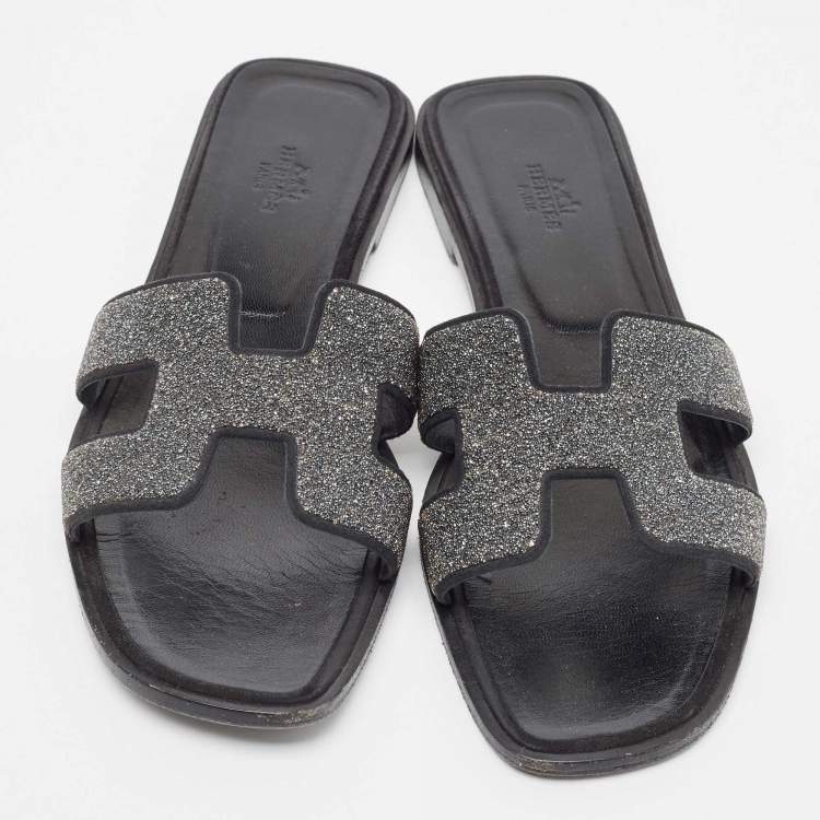 Pre Owned Hermes Grey Powder Crystal Oran Flat Slides Size 40.5 