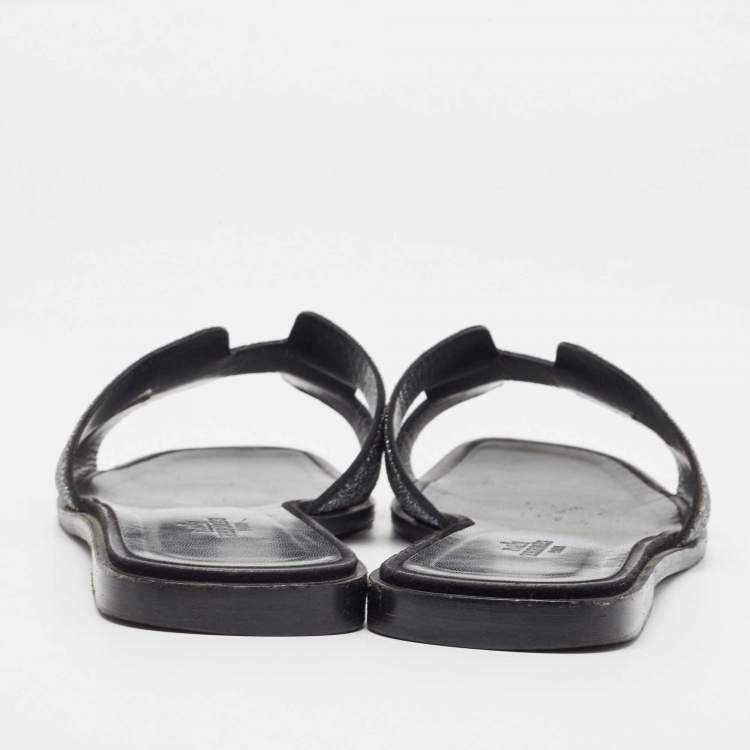 Pre Owned Hermes Grey Powder Crystal Oran Flat Slides Size 40.5 