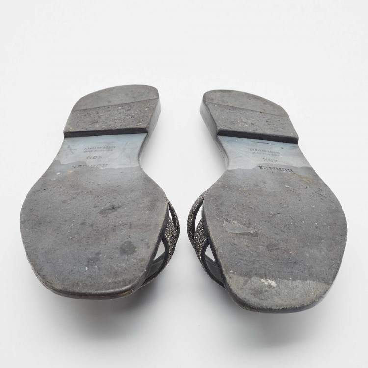 Pre Owned Hermes Grey Powder Crystal Oran Flat Slides Size 40.5 