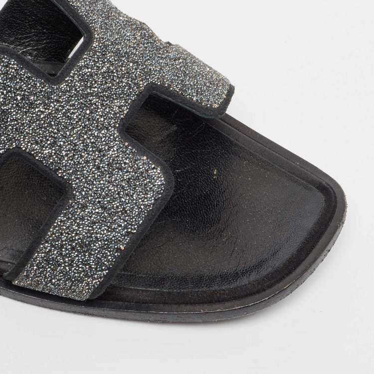 Pre Owned Hermes Grey Powder Crystal Oran Flat Slides Size 40.5 