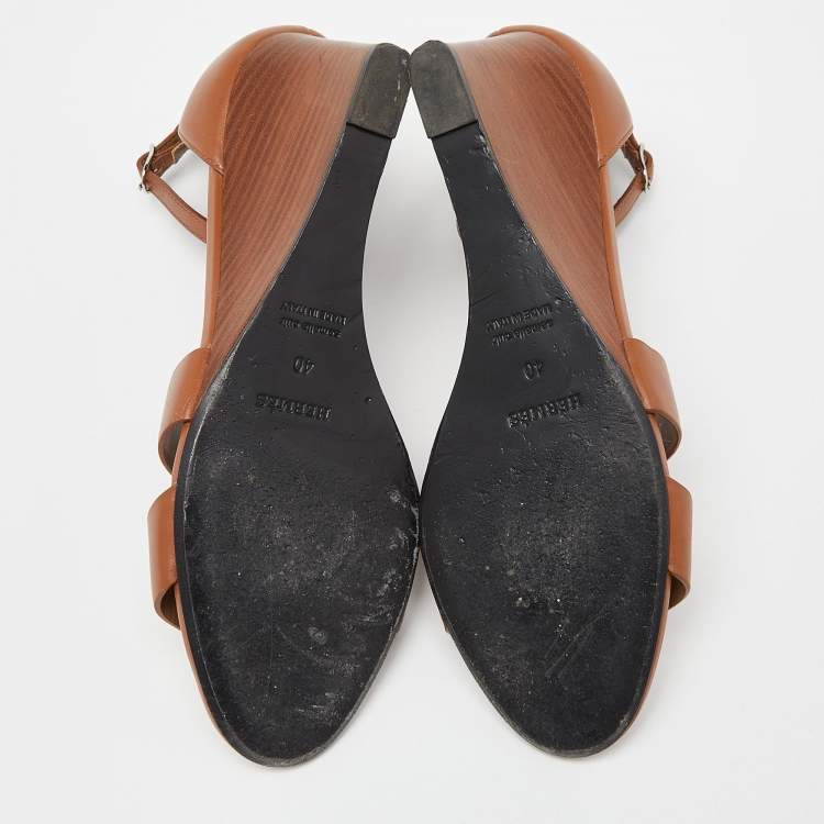 Pre Owned Hermes Brown Leather Legend Wedge Sandals Size 40