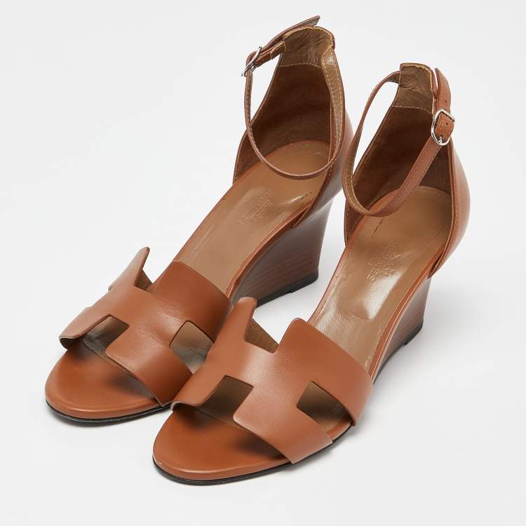 Pre Owned Hermes Brown Leather Legend Wedge Sandals Size 40