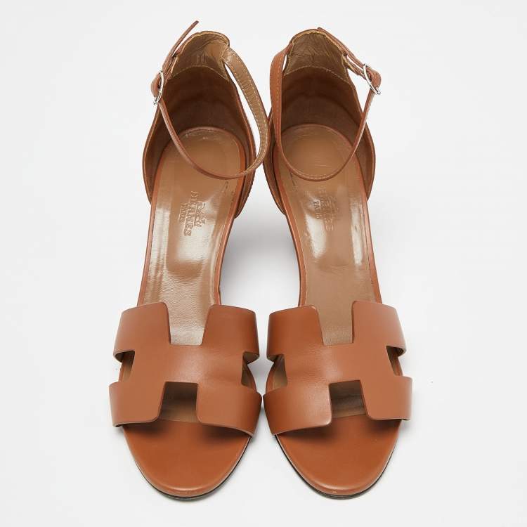 Pre Owned Hermes Brown Leather Legend Wedge Sandals Size 40