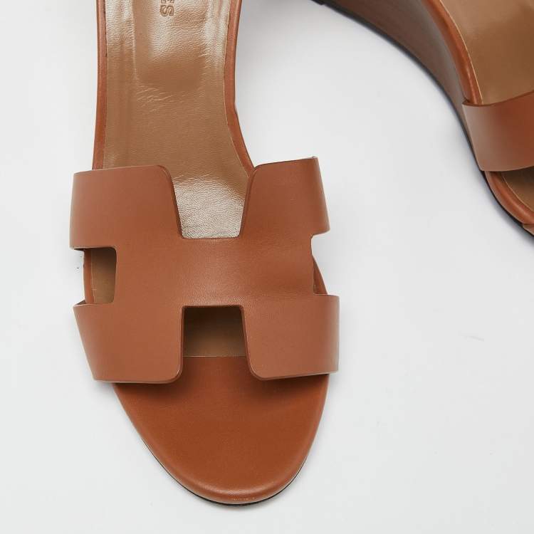 Pre Owned Hermes Brown Leather Legend Wedge Sandals Size 40