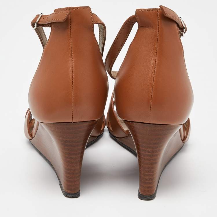 Pre Owned Hermes Brown Leather Legend Wedge Sandals Size 40