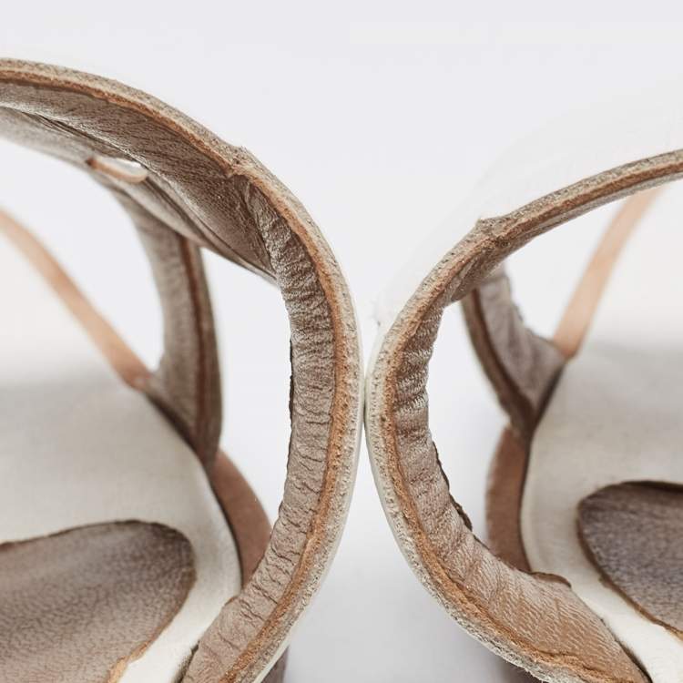 Pre Owned Hermes White Leather Omaha Flat Slides Size 38