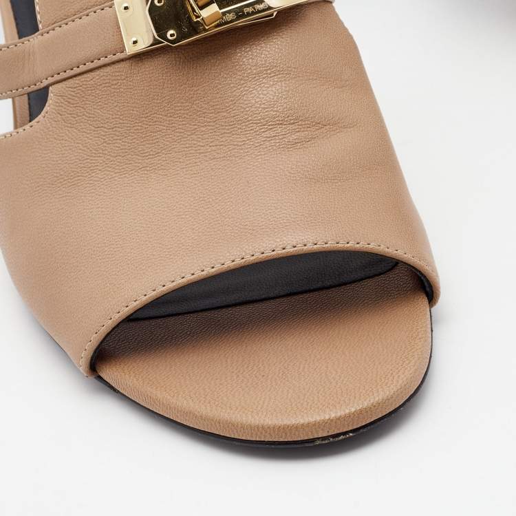 Pre Owned Hermes Beige Leather Giulia Slides Size 38