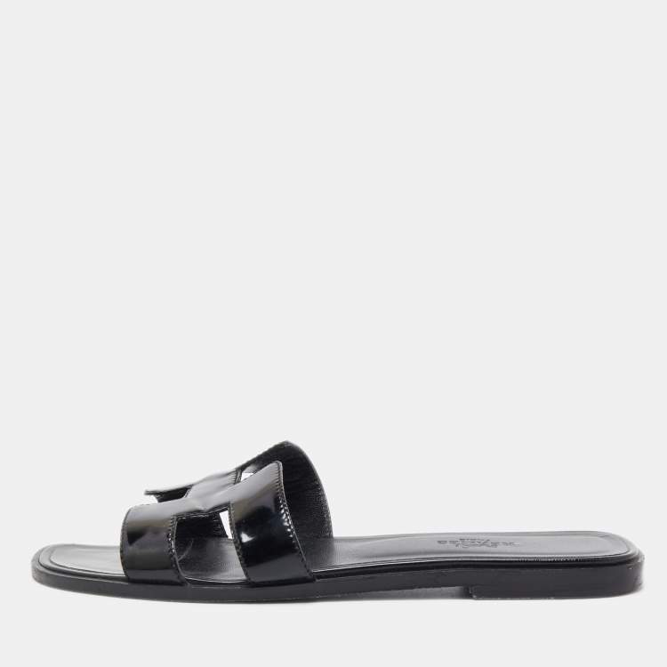 Pre Owned Hermes Black Patent Leather Oran Flat Slides Size 37