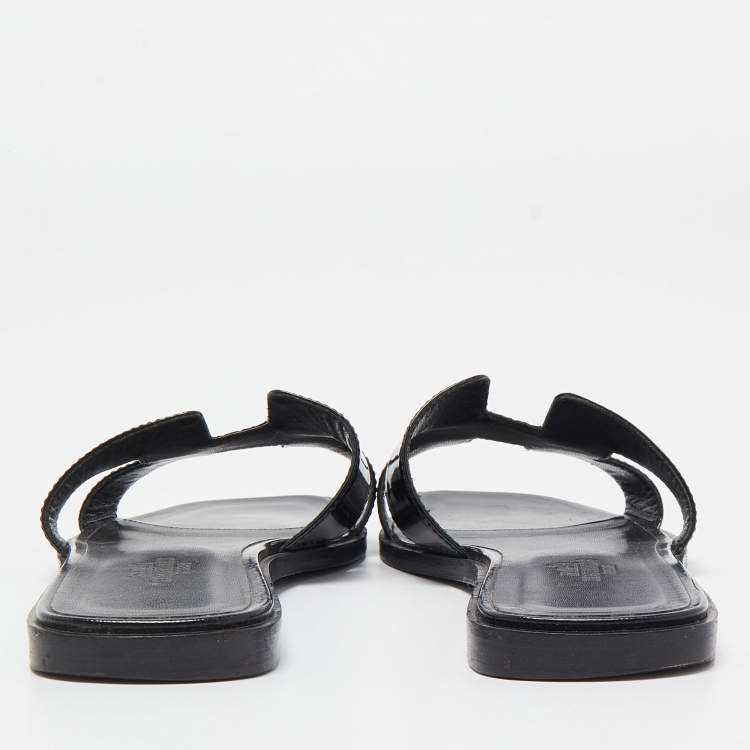Pre Owned Hermes Black Patent Leather Oran Flat Slides Size 37