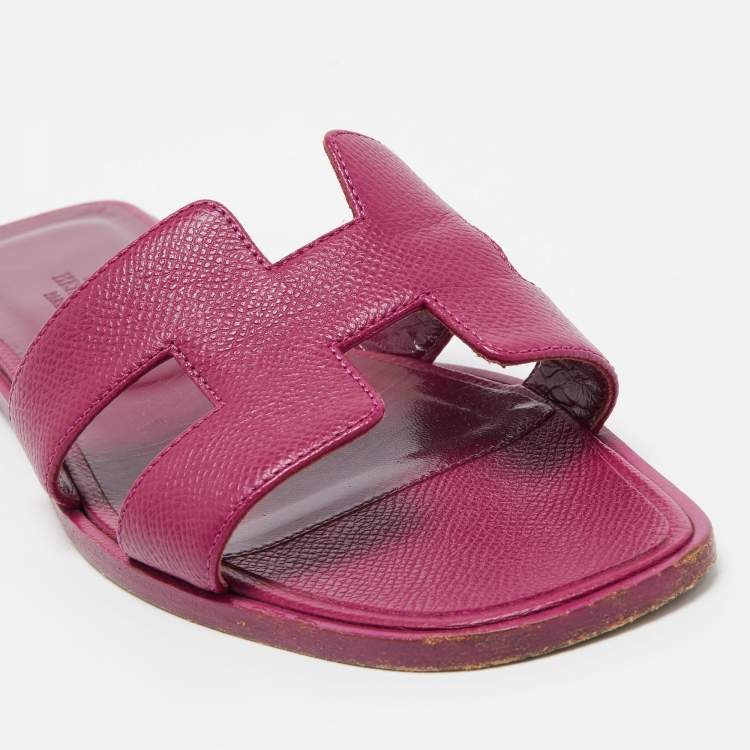 Pre Owned Hermes Purple Leather Oran Flat Slides Size 37