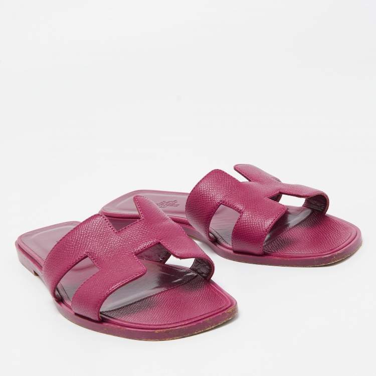 Pre Owned Hermes Purple Leather Oran Flat Slides Size 37