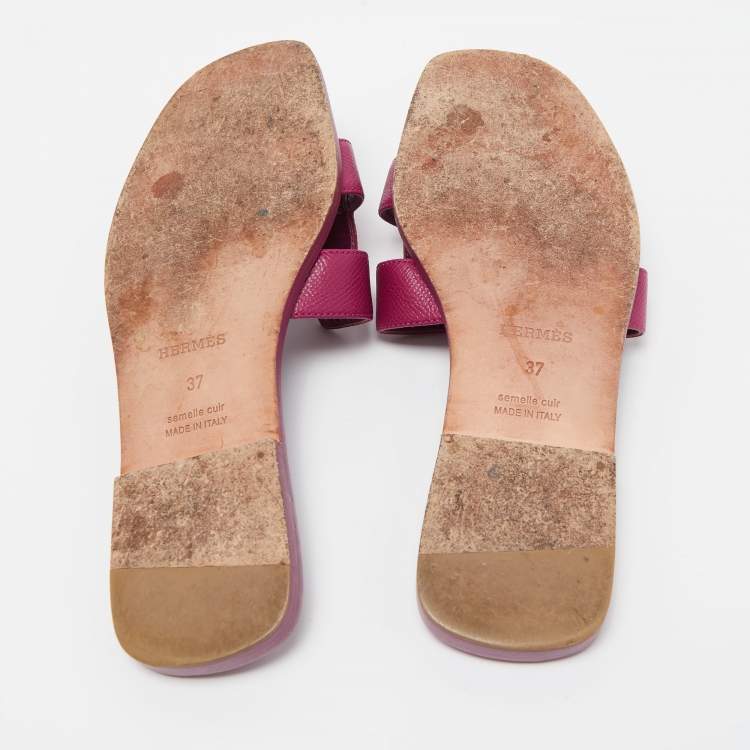 Pre Owned Hermes Purple Leather Oran Flat Slides Size 37