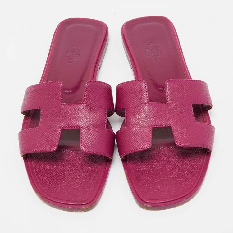Pre Owned Hermes Purple Leather Oran Flat Slides Size 37