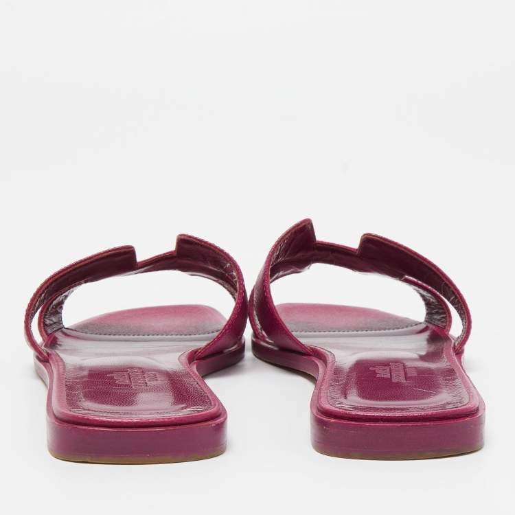 Pre Owned Hermes Purple Leather Oran Flat Slides Size 37