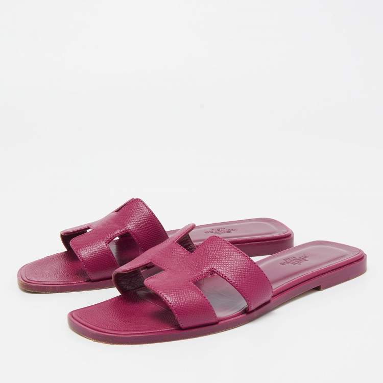 Pre Owned Hermes Purple Leather Oran Flat Slides Size 37