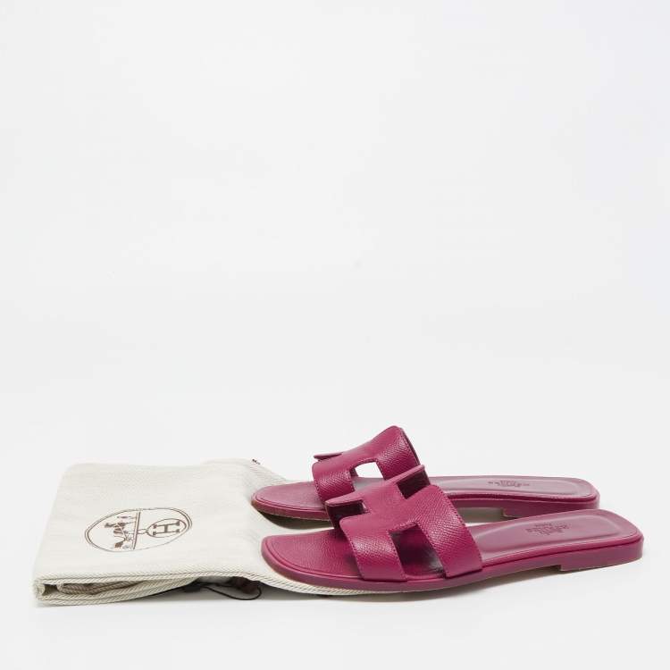 Pre Owned Hermes Purple Leather Oran Flat Slides Size 37