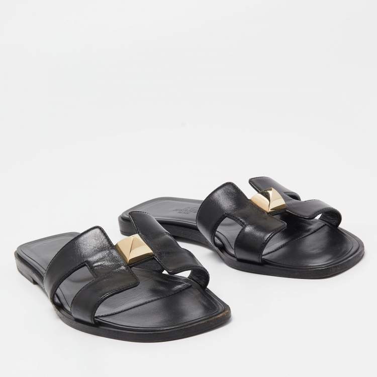 Pre Owned Hermes Black Leather One Stud Oran Flat Slides Size 36.5