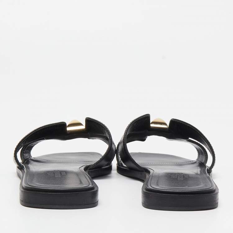Pre Owned Hermes Black Leather One Stud Oran Flat Slides Size 36.5